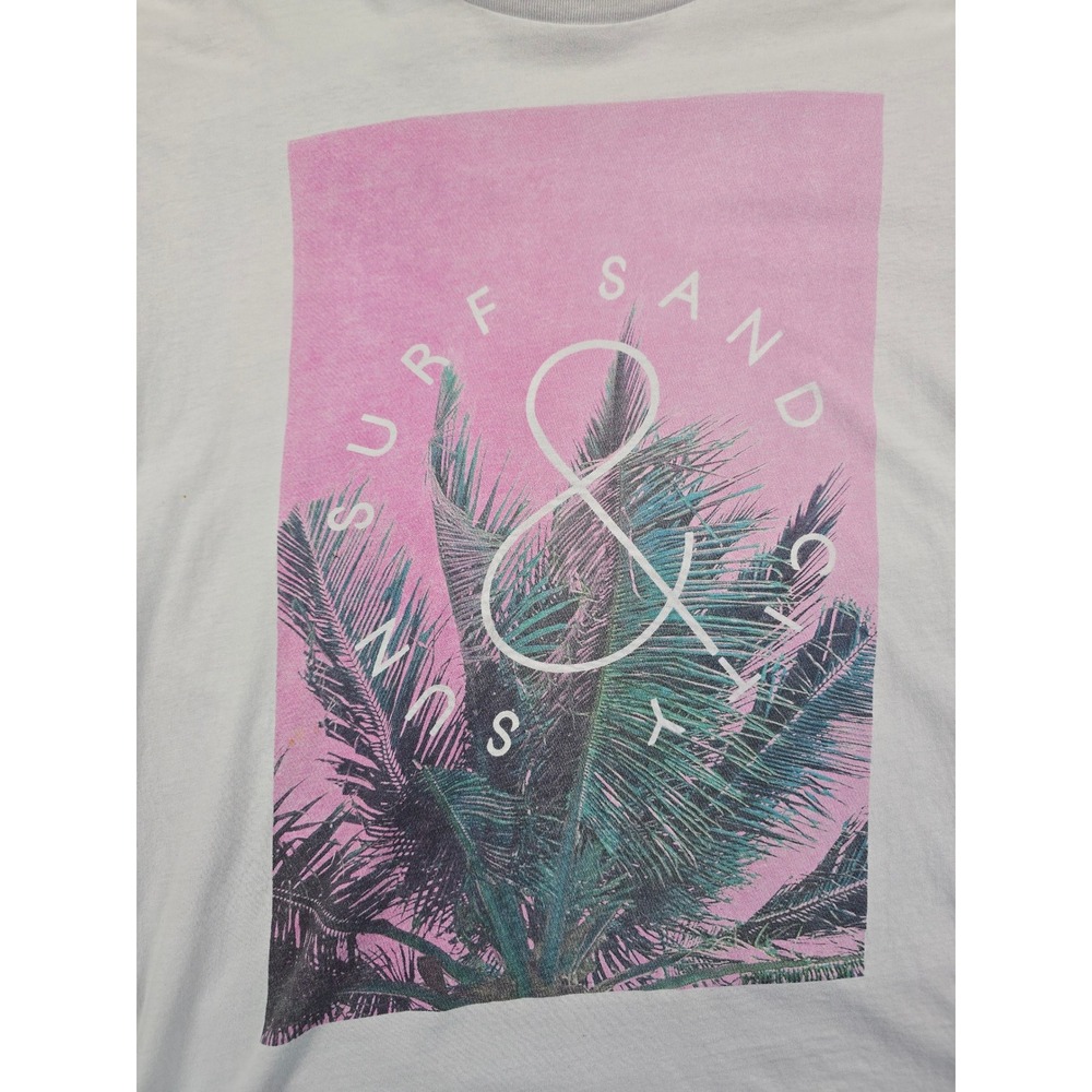 New Look Men Graphic Tee XL White Pink Surf Sand Sun City Palm Tree Short Sleeve